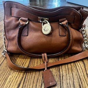 Michael Kors Cognac Leather Satchel with Gold-Tone MK Charm
